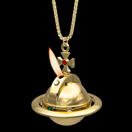 gold orb lighter necklace with refillable butane flame, anime-inspired design
